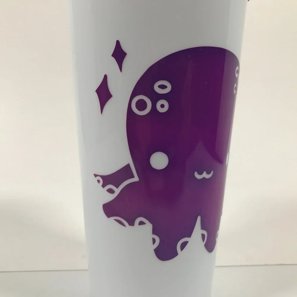 Purple Octopus Travel Tumbler White Reusable Coffee Cup with Black Lid